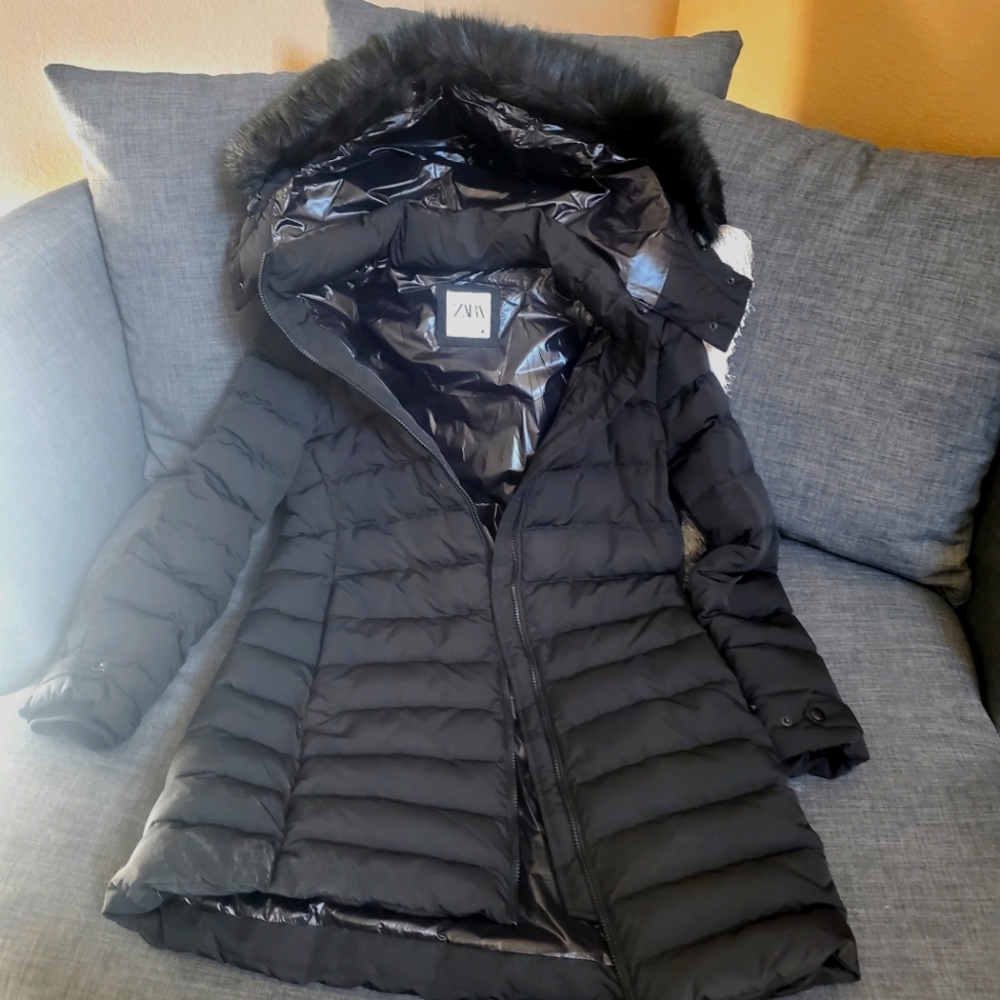 Zara knee length COAT with removable faux fur hood
